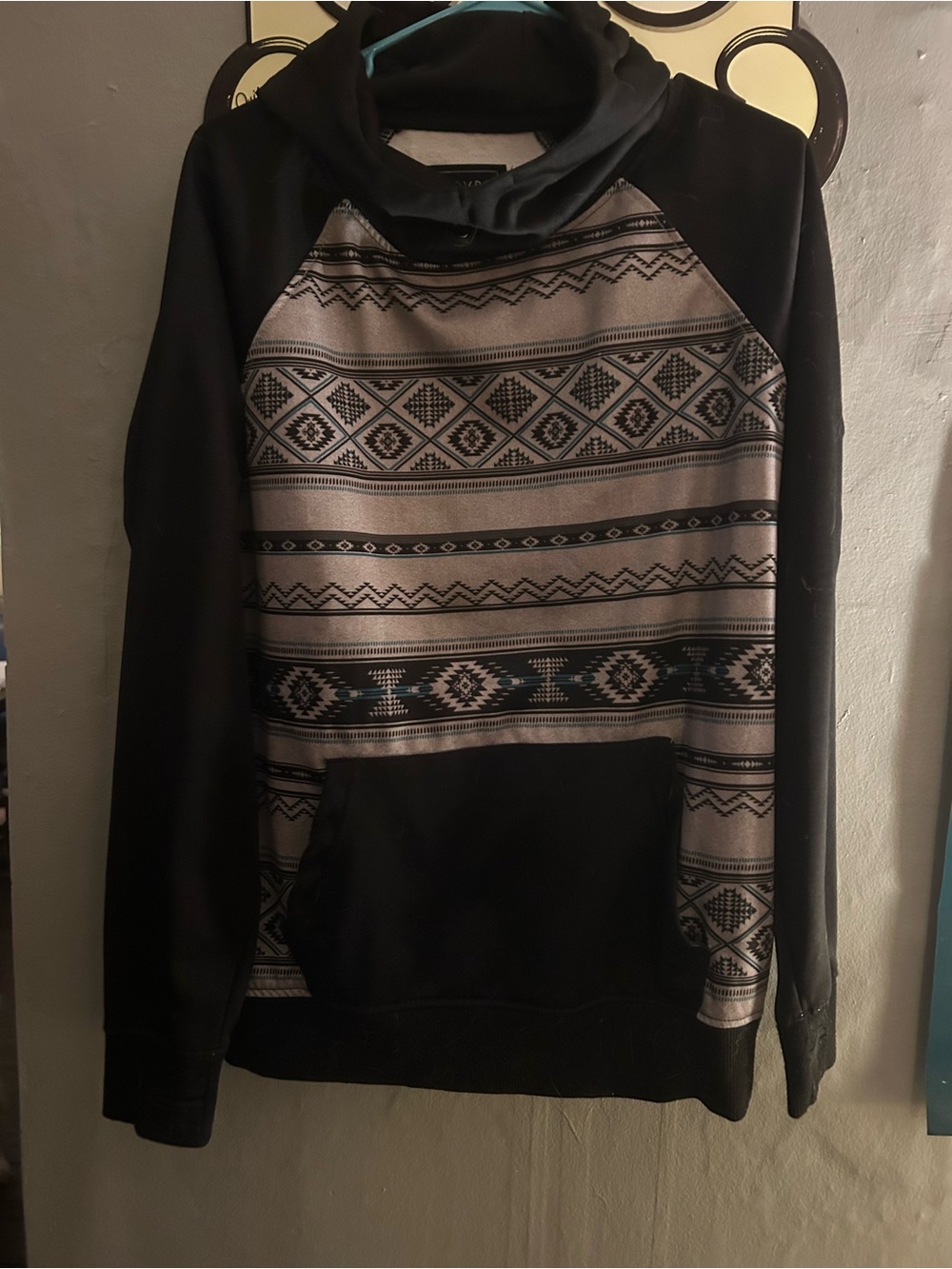 Women’s Black Hoodie with Patterned Gray Front Panel
